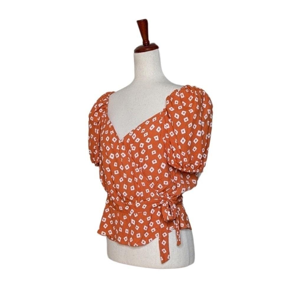 NWT & Other Stories Puff Sleeve Wrap Blouse in Orange Squares Size EU42/USMED - Picture 3 of 8